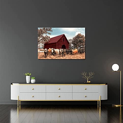 YeiLnm Ретро Стенен Декор на Ферма на Крави Живопис Отпечатъци Червен Селска Къща Картини върху Платно Произведение на Изкуството, Домашен