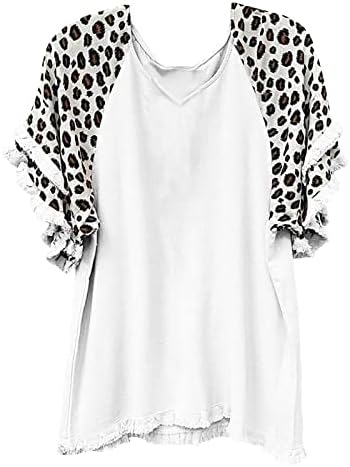 Annhoo Дамска Блуза С Ресни и Цъфтящи Пискюли, Леопардовый Принт, Блуза Свободно, Намаляване, Ризи с Къс ръкав и V-образно