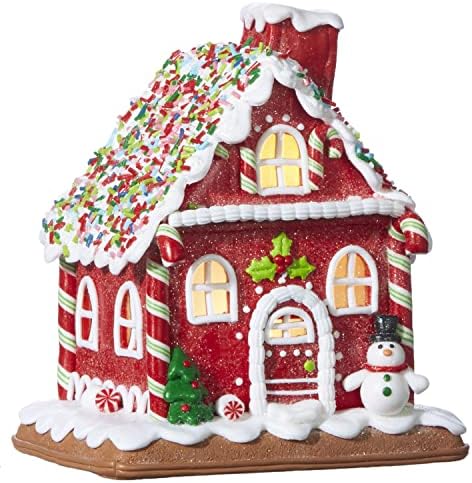 7-Инчов Изкуствен Джинджифил Човечето къща One Holiday Way с подсветка Червена на цвят, с Мятными бонбони, Топинг - Декоративна Коледна