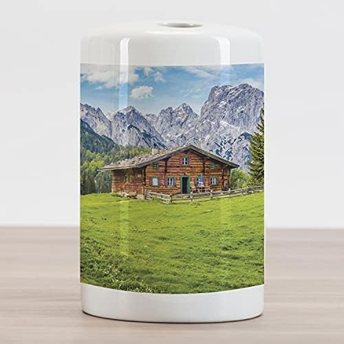 Керамични Държач за четка за зъби Ambesonne Alps, Дървена Къща на Поляна в Планинска долина, Швейцарската Туристическа Панорама, Декоративна