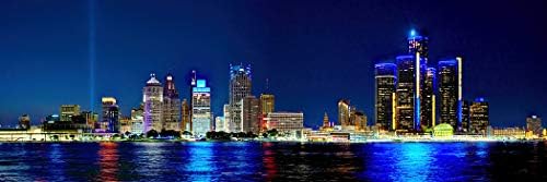 Хоризонт Детройт 2018 печат на снимки БЕЗ РАМКА Нощен Цветен Център на града 11,75 x 36 Фотографска Панорама Плакат Изображение