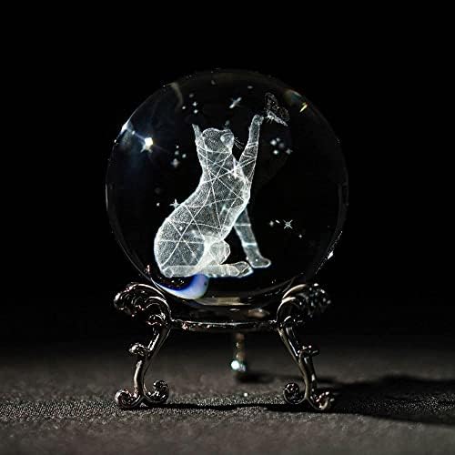 gofidin 3D Кристална Топка за Котки със Стойка, 60 мм Стъклена Фигурка на Котка Пеперуди, Котки Сфера, Стъклен Дом Арт Декор
