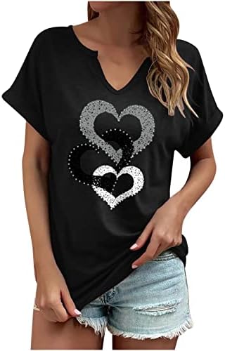 Момичета Сърцето Любов Графична Блуза 2023 Памук с Къс Ръкав Vneck Ежедневна Блуза С Кристали Тениска за Жени 7F