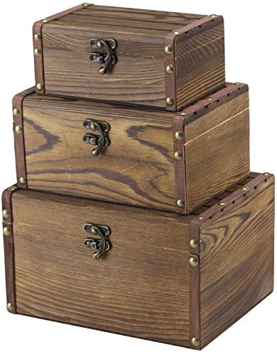 MyGift Комплект от 3 Декоративни Кутии за съхранение в Селски стил от Кафяво Дърво, Бижута и Дрънкулки, Дървени Сандъци с Капаче