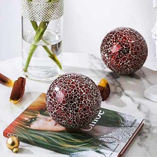 Декоративни топки | Комплект от 3 Стъклени Мозаичных топки за мисок | масичка за Кафе и декорация за дома с диаметър 4 инча (Червен)