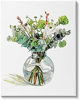 Stupell Industries Акварел Букет от листа, Мека Бяла Цветя в Стъклена банка, Дизайн Маточина Ван, Платно, Стенно изкуство, 24 x 30