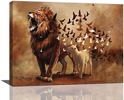 Лъвът и Агнето Стенно Изкуство Лъвът на Юда Модел Стенен Декор Животното Лъв Религиозната Картина с Бял Гълъб Християнски Отпечатъци