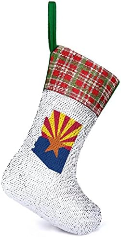 Карта на Хартата на щата Аризона Коледни Чорапи с Лъскави Пайети, Коледна Празнична Камина Наметало, Окачен Декор за Парти