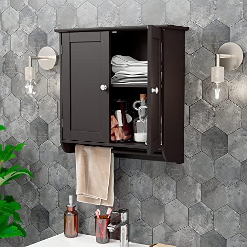 Шкаф за баня MOIDEI с Закачалка за кърпи, Гардероб за съхранение на над Тоалетна, Черен Стенен шкаф с Регулируем рафт, Шкаф за лекарства