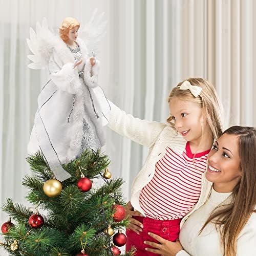 Коледен Ангел PEEKI 12, Коледа в цилиндър с 10 led крушки, Украса на върха на дървото Слонова кост Seasons of Elegnace,