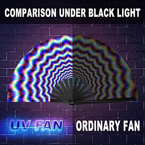 OMyTea UV Glow Rave Fan Folding за жени/Мъже/Травестит - Голям Фестивал Сгъваем ръчен Фен Clack - за EDM, Музикален фестивал, събития,