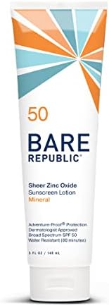 Минерален слънцезащитен лосион за тяло Bare Republic Sport SPF 50, не съдържа активни химически вещества, с аромат на ванилия и кокосов орех,