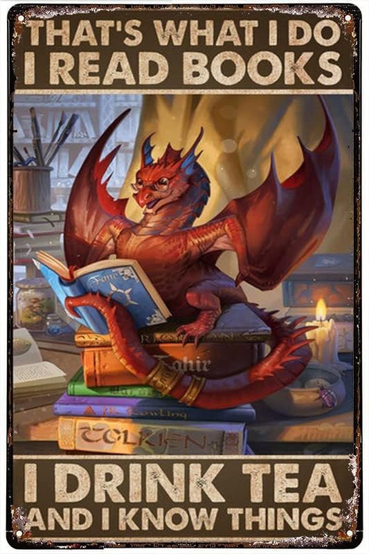 Забавен Дракон Книга Метална Лидице Знак Четене на Книги и Пиене на Чай Плакат декор За любителите на Книги Книжен Червей Подарък Книга