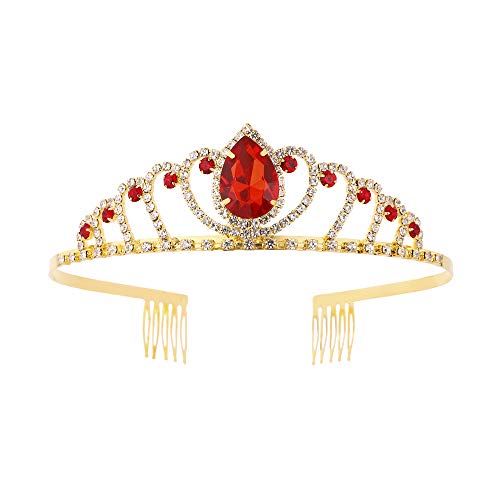 Метална корона на принцеса, аксесоари за партита на кралицата, диадема за коса, златни корони с червен кристал и страничните