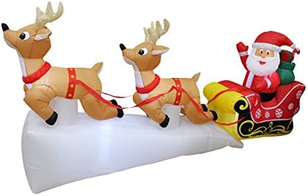 Коледен Надуваем Дядо Коледа с дължина 8 метра на Шейна с Две Летящи Елени и Подаръци, Led Светлини, Интериор за празници