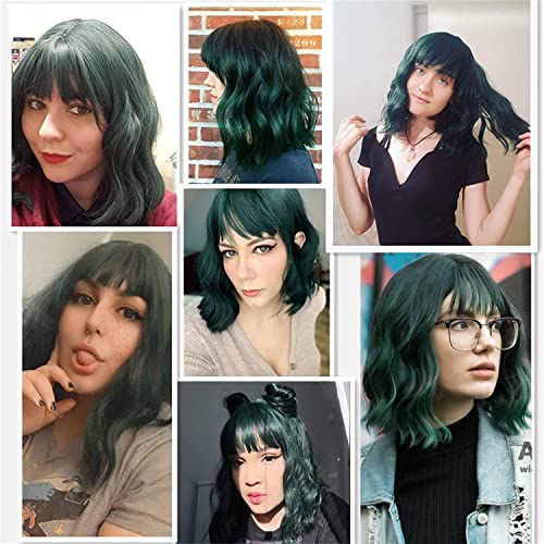 Зелена Перука Amyqueen, Цветни Зелени Перуки-Боб за жени, Къси къдрави коси Вълнообразни Перука с Бретон с Дължина до раменете,