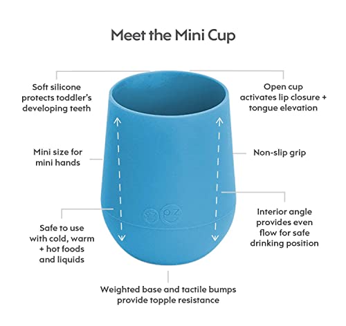 Набор от ezpz Mini Collection (Синьо) - Силикон чаша, вилица, лъжица и мини-мат с вградена вендузата за бебета и малки деца -