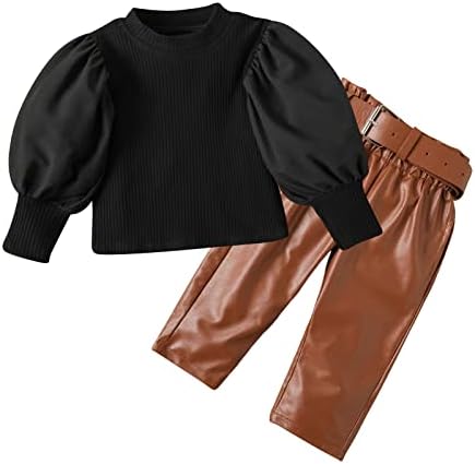 Есенно-Зимни дрехи за малките момичета, от 1 до 6 години, Върховете в рубчик с буйни дълги ръкави + Панталони от изкуствена кожа, Комплект