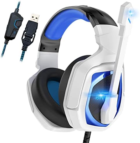 Детска слушалки Emonoo USB за PC/MAC/PS4/PS5, Жични Слушалки с съраунд звук 7.1, Регулируем микрофон с активно Шумопотискане, бяла и синя led подсветка