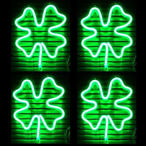 4 Бр. Зелен 4-Листа Детелина С Подсветка за Украса на прозорци, Дограма Светлини от Детелина, Зелен Четырехлистный Неон led Лампа
