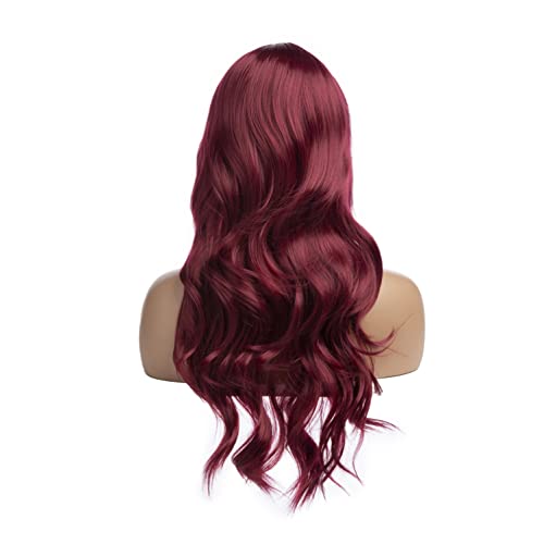 Beweig Дълга къдрава вълнообразни вино-червени розови перуки Средната част е Цветна перука Cosplay костюм Синтетичен взаимозаменяеми