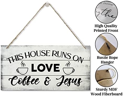 Тази къща е Украсена с Името на Любовта Coffee & Jesus Декор, Печатна Дървени Стенни Табела, Интериор, Кухненско кафе-бар, Окачен Дървена