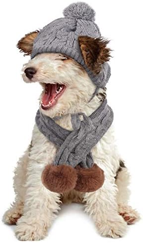 Комплект Шапка и Шал за кучета IDOMIK, Топло Вязаная Шапка с дупки за уши и Шал за кученце с pom-помераните, за студено време, Зимна