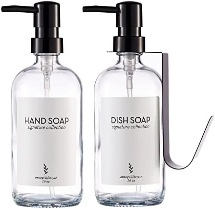 Комплект стъклени Дозаторов за сапун за ръце и съдове Onsogi с притежателя на гъба за Кухненски мивки, Черни Пластмасови Неръждаеми