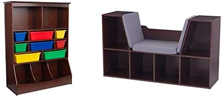 Дървен Стенен шкаф за съхранение на KidKraft с 8 Пластмасови чекмеджета и 13 отделения - Еспресо, 53 x 20 x 8,25 и библиотеката