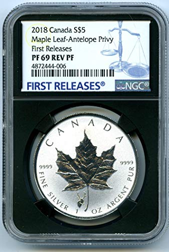 Канадската монета 2018 Сребърен Канадски Кленов лист с Обратен доказателство за Antelope Privy за ПЪРВИ път ПУСКА $5 PF69 NGC