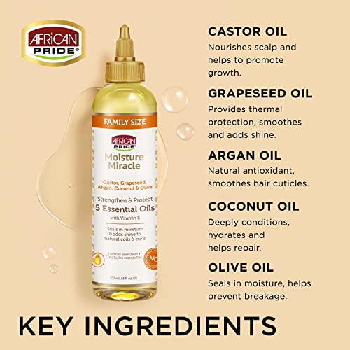 African Pride Miracle Moisture 5 Етерични масла за коса (3 опаковки) - Съдържа рициново, гроздови семки, арганово, кокосово и зехтин,