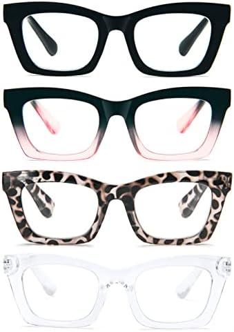 prtcslwd 4 Опаковки Очила за четене за жени в Стила на Опра Извънгабаритни Квадратна Кутия Пантите на Синя Светлина Блокер Очила