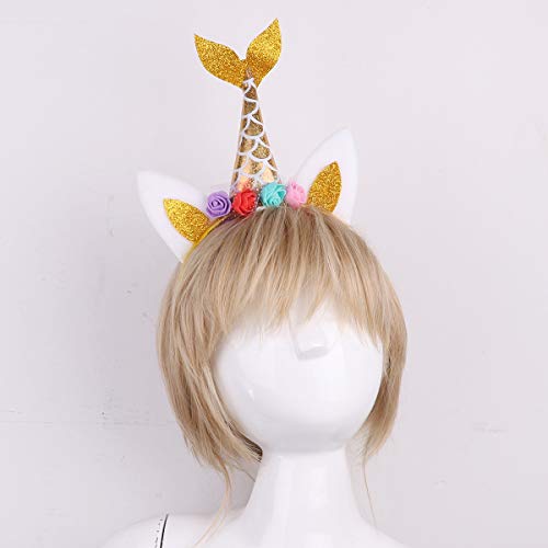 YiZYiF/Лъскава Панделка за Коса във формата на Опашка на Русалка за Момиченца с Уши и Цветя, Превръзка на Главата, Шапки за Детската