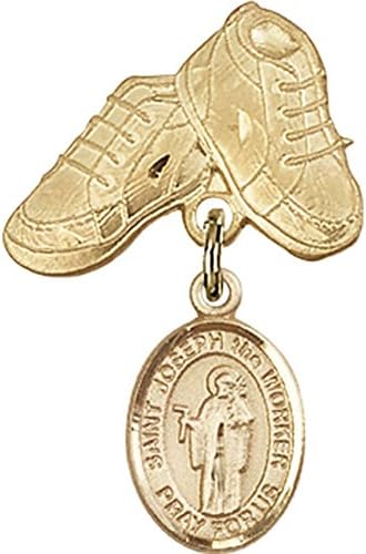 детски икона от Жълто злато 14 карата с талисман Свети Йосиф Работник и игла за детски сапожек размер 1 X 5/8 инча