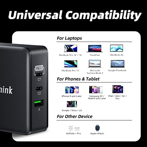 Захранващ Адаптер NV-Think 140 W USB-C, 3-Пристанище зарядно устройство GaN, Двойно зарядно устройство за MacBook с мощност
