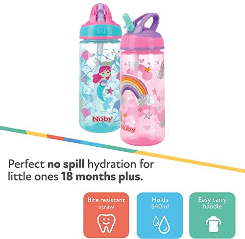 Nuby 2 опаковки Ириса на бебешки шишета за вода с принтом Flip-it On-The-Go и здраво соломинкой, която предпазва от ухапване