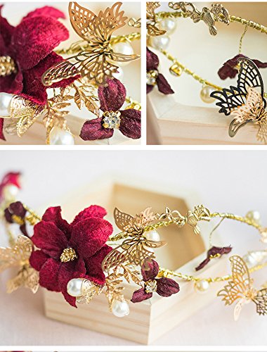 Сватбена прическа, червено цвете, златни превръзки на главата с пеперуди, сватбена тиара, перлени ленти на главата, сватбена украса за