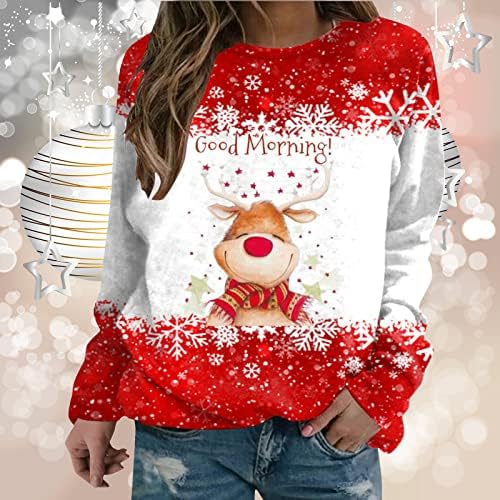 BEUU/ Коледни Ризи за жени с Принтом Лосове и Снежинки, Свободни Джъмпери, Ежедневни Блузи с дълъг ръкав и кръгло деколте, Тениски