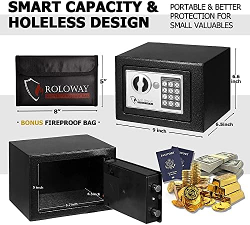 ROLOWAY Steel Small Money Safe Box black с огнеупорным чанта за пари и голям огнеупорным чанта за документи (17 x 12 x 5,8 инча) Комплект