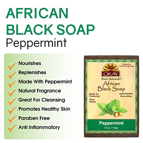 OKAY | Африкански Черен сапун с мента | За всички типове кожа | Почиства и ексфолира | Подхранва и лекува | Без сулфати, силикон