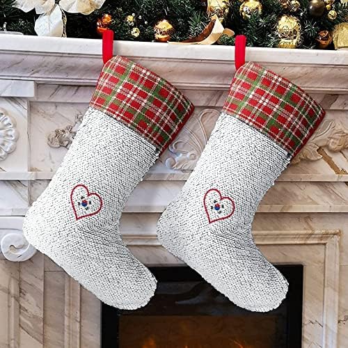 Аз Обичам South_Korea Червено Сърце Коледни Чорапи С Пайети за Декорация за Коледната Елха Празнична Украса за Вътрешно Външно у Дома