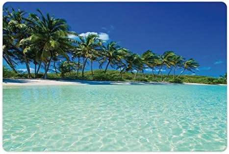 Foldout Океански подложка за домашни за храна и вода, Изображение на Слънчев ден на Тропически остров с Палми и Спокоен земи Океана на небето,