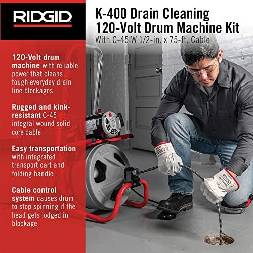 RIDGID 26998 Модел K-400 За почистване на дренаж 120-Волтова на Дръм машини с кабел C-45IW 1/2 x 75' и Спирала нож 63025 T-209 2