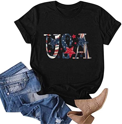 Тениска с Флага на САЩ, Женска Тениска с кръгло деколте и Къс Ръкав, Ежедневни Потници, Тениска с Американския Флаг, Подарък Ризи на