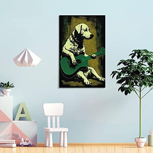 Забавно Куче свири на китара Животно платно плакат Реколта Ретро Цветен Живопис китара Лабрадор куче Стенно Изкуство за Дома, Детска