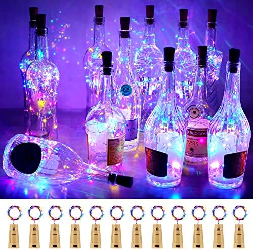 Осветителни тела за бутилки вино Aluan с Втулка, 10 X 12 светодиоди Топло Бяло и 12 Опаковки с 20 светодиода Пъстри