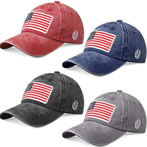 Haysandy 4 Бр. Бейзболни шапки с Бродерия на Американското, Регулируеми Шапки с Измит Флага на САЩ за Мъже И Жени