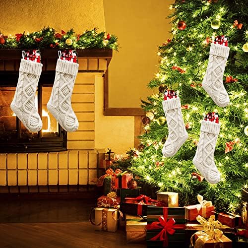 Коледни Чорапи SUNYPLAY, 4 опаковки 18-Инчови Трикотажни Чорапи с Голяма Кабел, Декорация за Празничната партита (4 х бели)