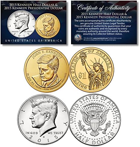 Комплект от 2 монети на Джон F. Kennedy през 2015 година, Президентската монета от 1 долар на САЩ и Полдоллара Джон Af Кенеди
