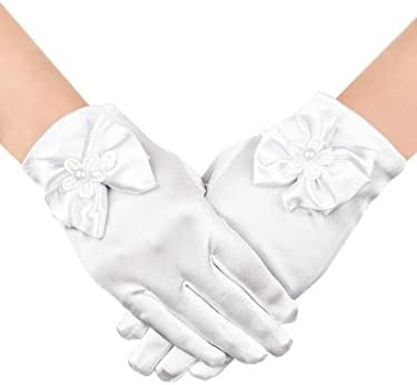 Ръкавици за Първо Причастие Chuangdi за Момичета, Дантелени Ръкавици с Цветя Модел, Бели Къси Ръкавици Принцеса, Ръкавици с папийонка, Дамски